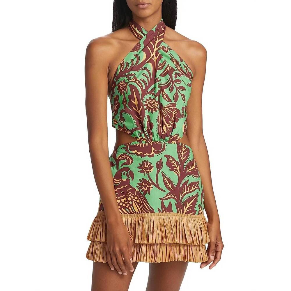 Johanna Ortiz Green and Brown Floral Halter Mini Dress with Tan Fringe
